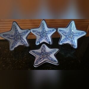 Set of 4 Blue & White Starfish Appetizer Plates 8" New - Navy Trim